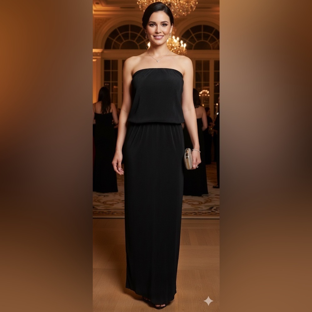 Reset Elegant Black Plisse Strapless Tube Maxi/Midi Dress. Lined, Side Slit. S